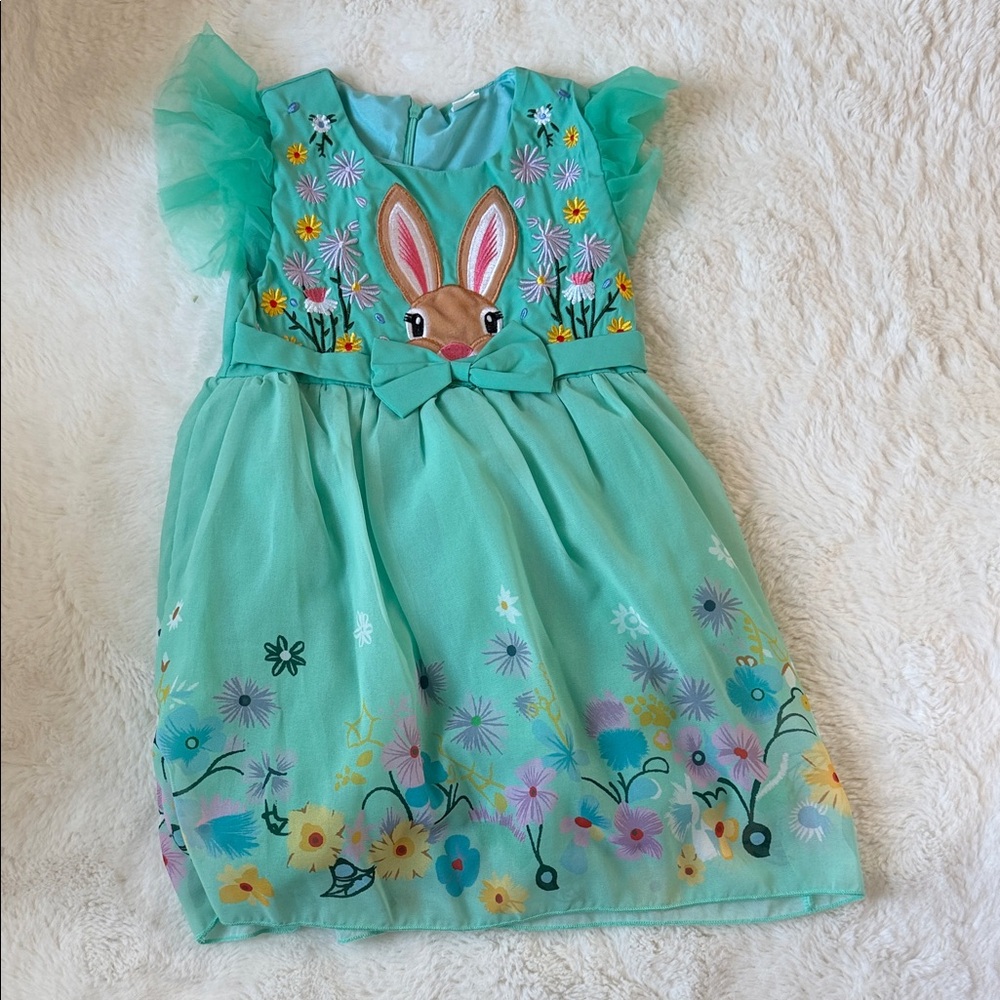 Mint Green Girls' Bunny & Floral Dress with Bow